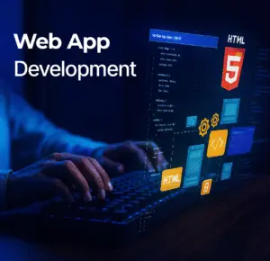 Web app development concept showing HTML and coding interface.
