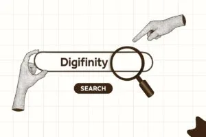 Digifinity brand search concept illustrated with magnifying glass.