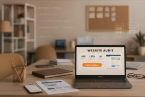 Website audit report displayed on laptop showing performance metrics.