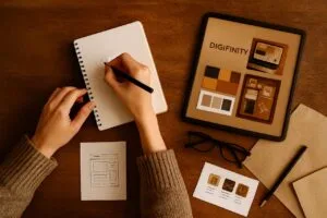 Designer sketching brand ideas with Digifinity style guide and colour palette.