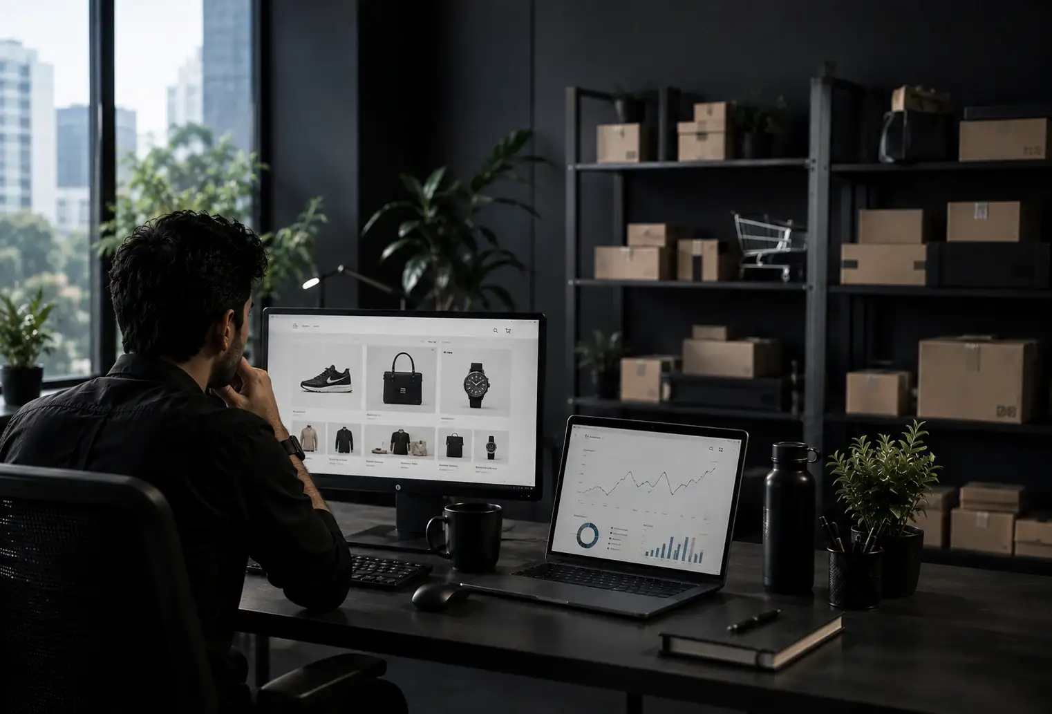 Ecommerce store manager reviewing product catalog and sales analytics with warehouse shelves in background