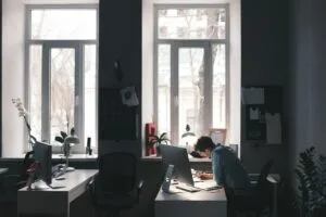 Team working at desks in a modern office with large windows and natural light.