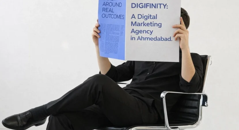 Person holding a magazine highlighting Digifinity as a digital marketing agency in Ahmedabad.
