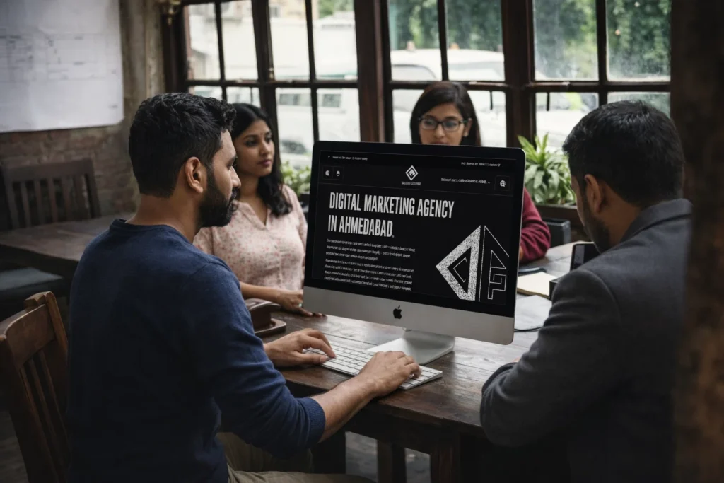 Team reviewing a digital marketing agency website on desktop during a strategy meeting.