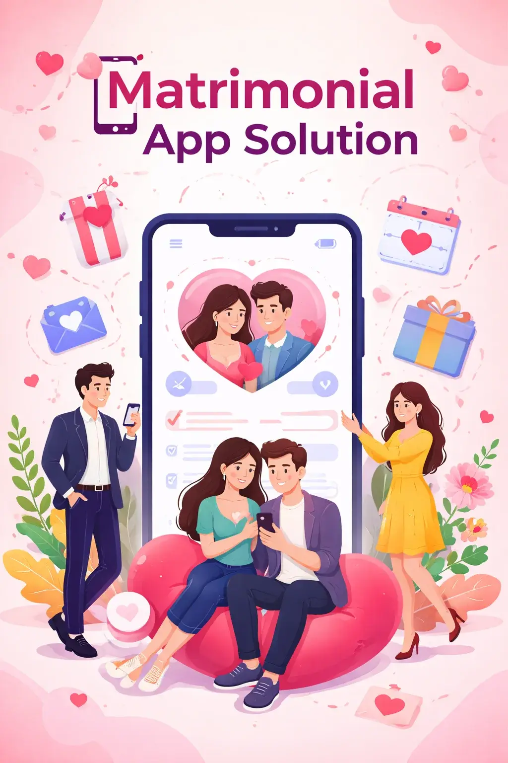 Matrimonial App Solution illustration with couples, phone match screen, and heart-themed icons