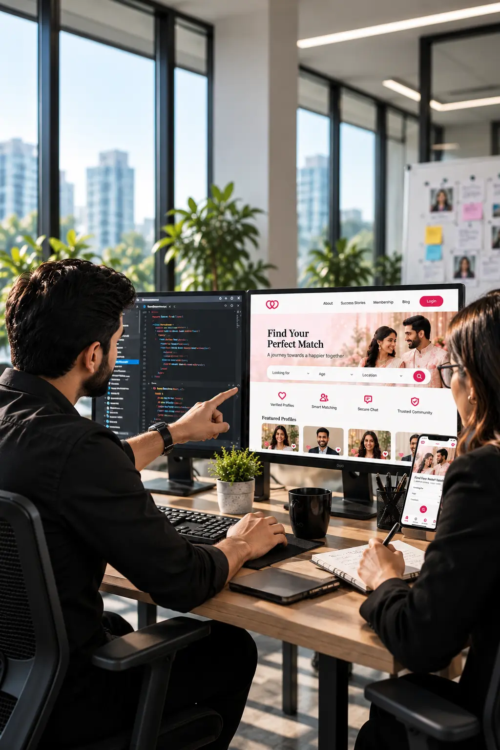 Developers reviewing matrimonial website design and code on dual monitors