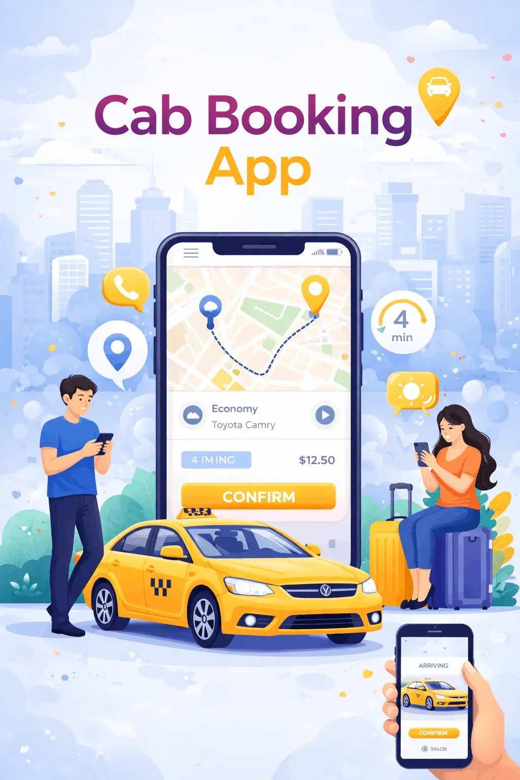 Cab Booking App illustration with taxi, ride confirmation screen, and passengers booking a ride