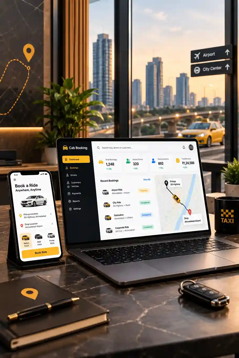 Cab booking app dashboard showing bookings, drivers, and ride tracking on laptop and phone