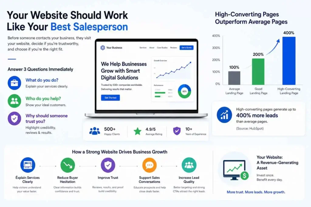 Infographic showing how high-converting websites generate 400% more leads than average pages.