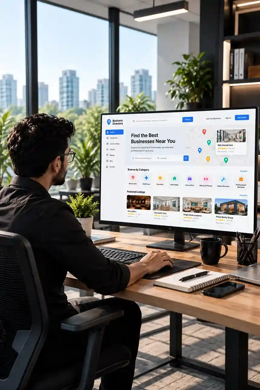 Business directory website showing local listings and categories on desktop screen