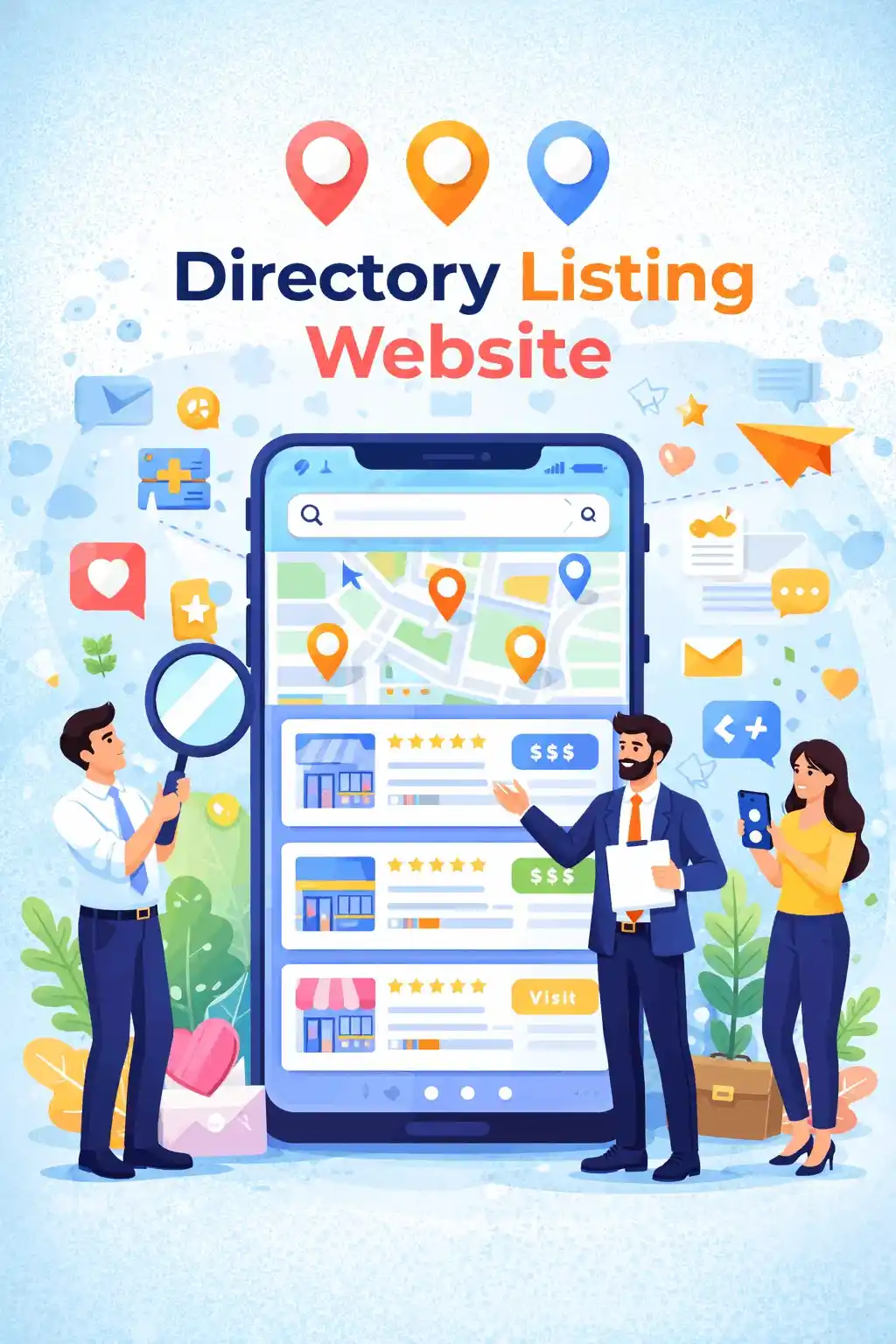 Directory listing website illustration with map pins, business ratings, and search results on mobile screen