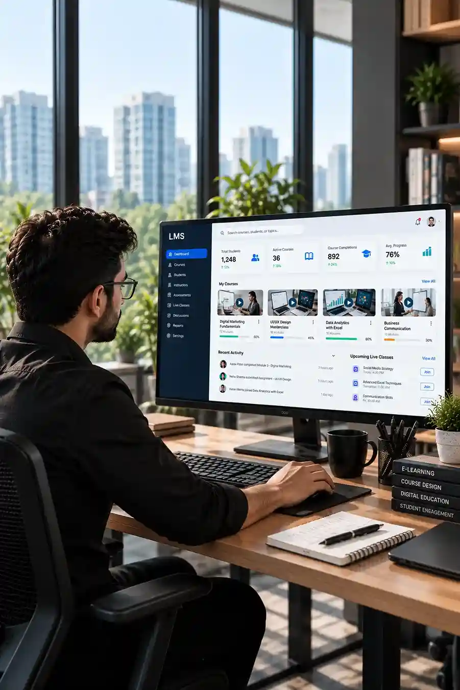 Learning management system dashboard showing courses, students, and live classes