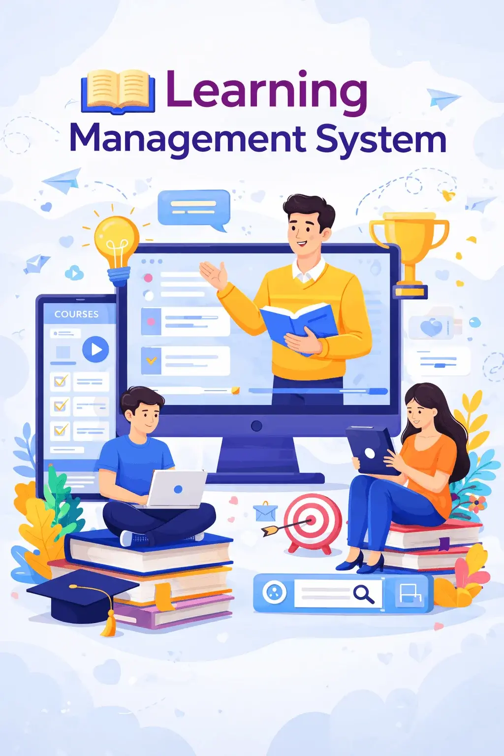 Learning Management System illustration with teacher on screen, students, and course dashboard