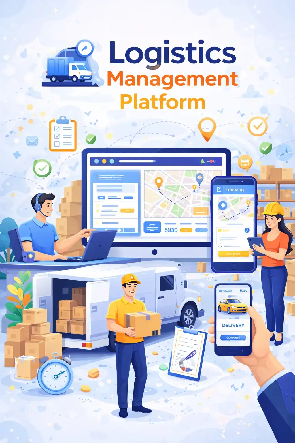 Logistics Management Platform illustration with delivery van, tracking screen, and workers