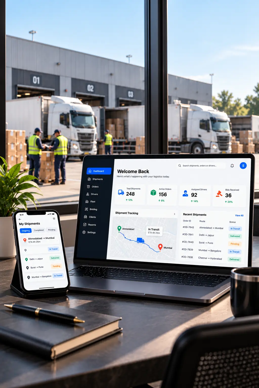 Logistics dashboard showing shipment tracking and deliveries with trucks in background