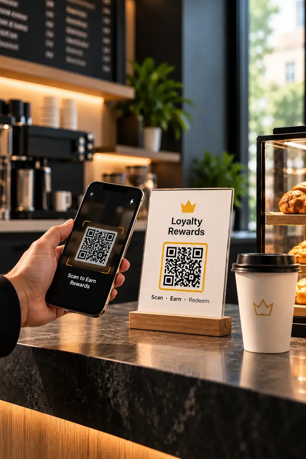 Hand scanning QR code for coffee shop loyalty rewards program at counter