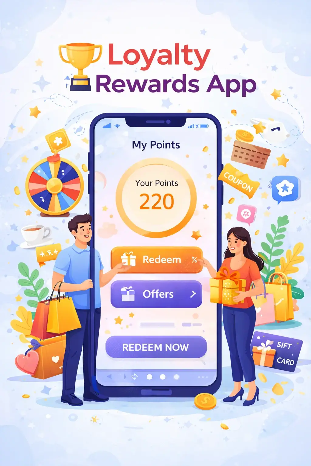 Loyalty Rewards App illustration with points screen, coupons, gift card, and shoppers