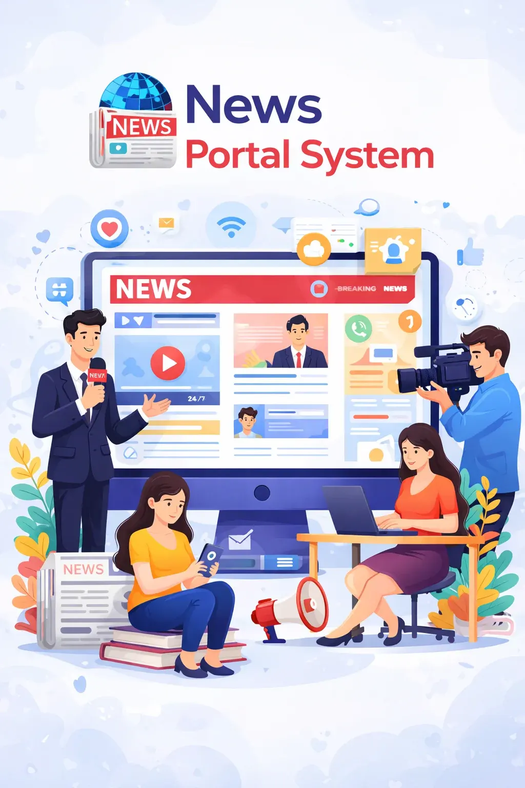 News portal system illustration with reporter, camera operator and editors working on a website
