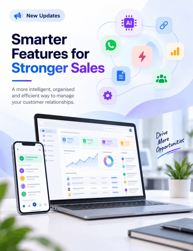 Smarter Features for Stronger Sales CRM dashboard on laptop and mobile with AI icons