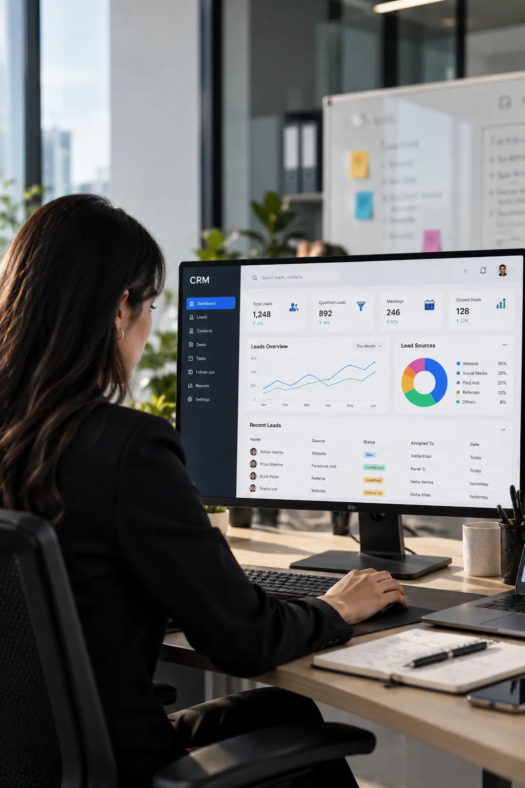 Woman reviewing CRM dashboard showing leads, deals, and contact overview on desktop