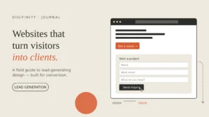 Digifinity Journal cover, "Websites that turn visitors into clients" with a lead gen form mockup.