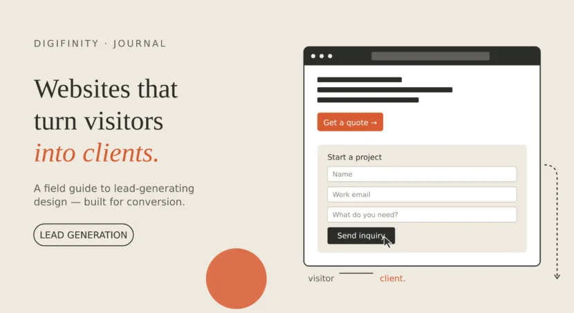 Digifinity Journal cover, "Websites that turn visitors into clients" with a lead gen form mockup.