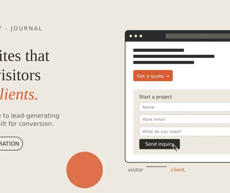 Digifinity Journal cover, "Websites that turn visitors into clients" with a lead gen form mockup.