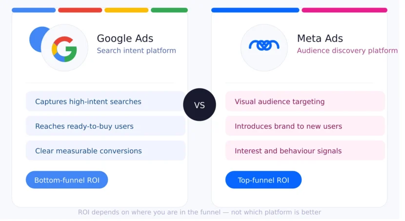 Google Ads vs Meta Ads: intent vs discovery, funnel roles, ROI comparison
