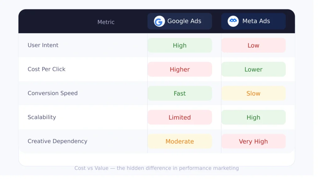 Google Ads vs Meta Ads metrics: intent, CPC, speed, scalability, creatives