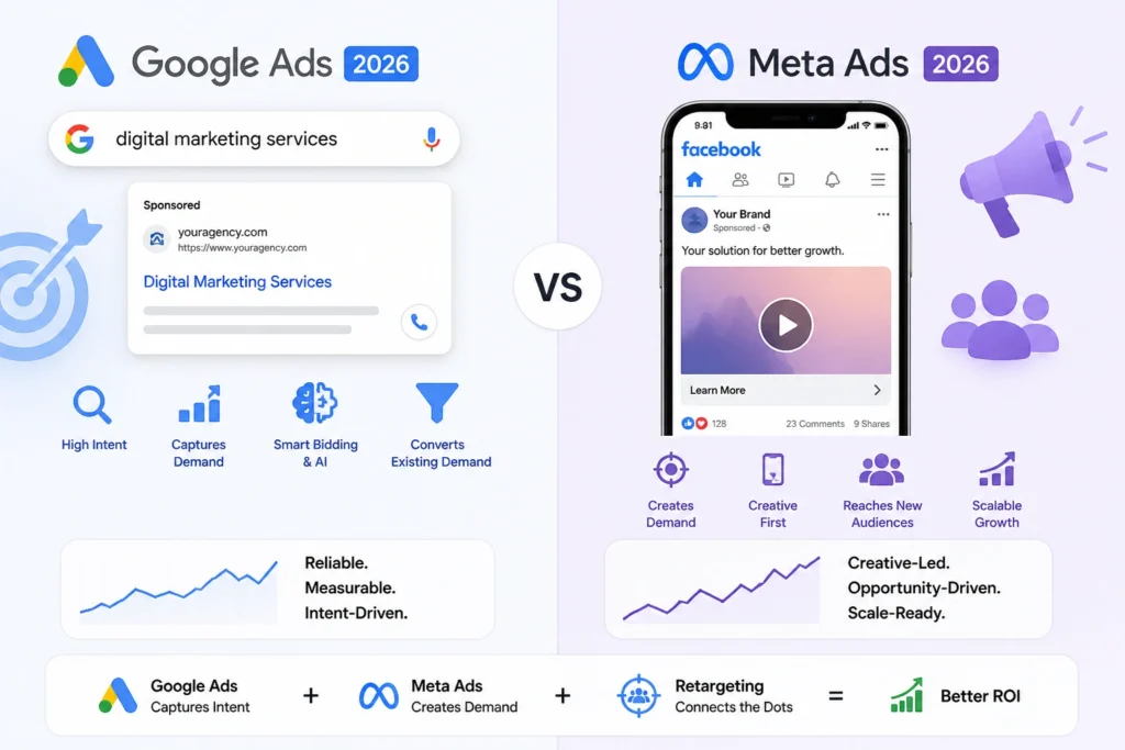 2026 Google Ads vs Meta Ads: search vs social ads, demand capture vs creation 