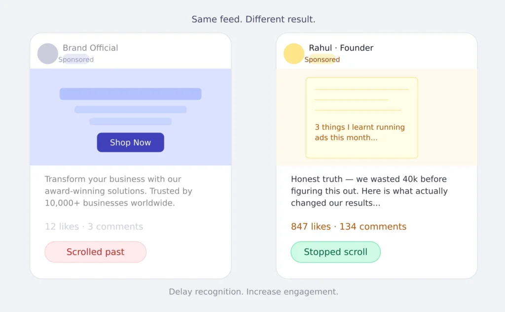Same feed, different outcome; authentic story post gets engagement, brand ad skipped  