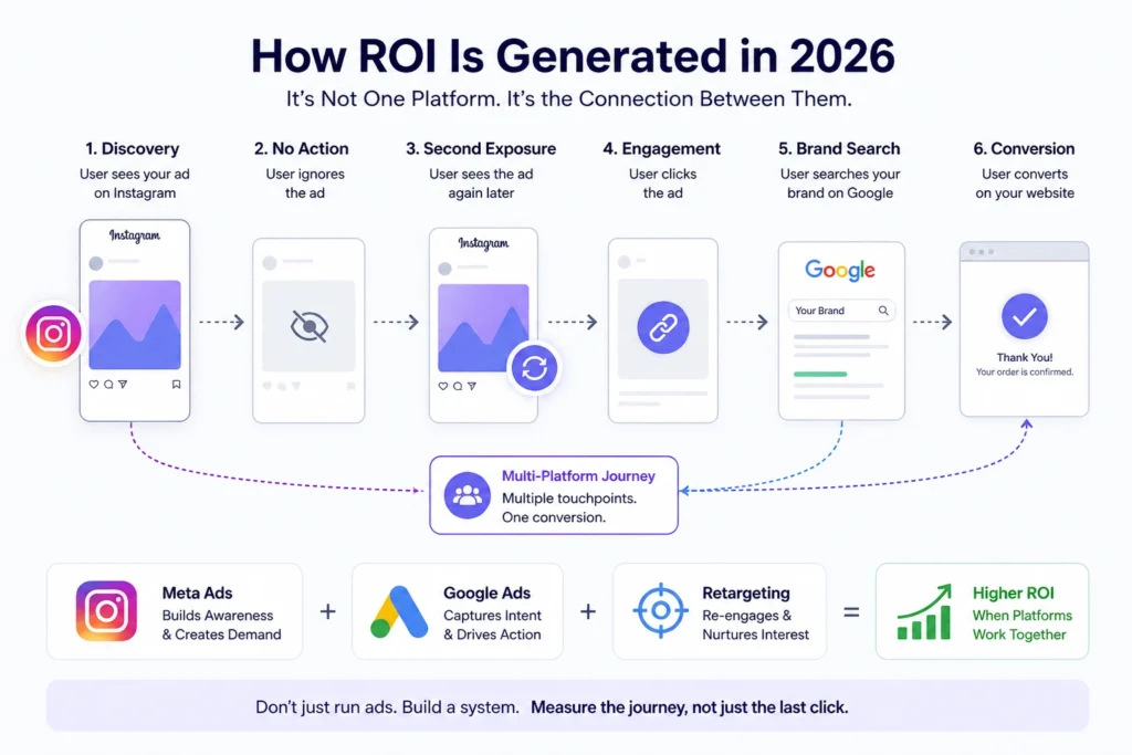 Multi-platform marketing journey from Instagram ad to Google search and conversion 