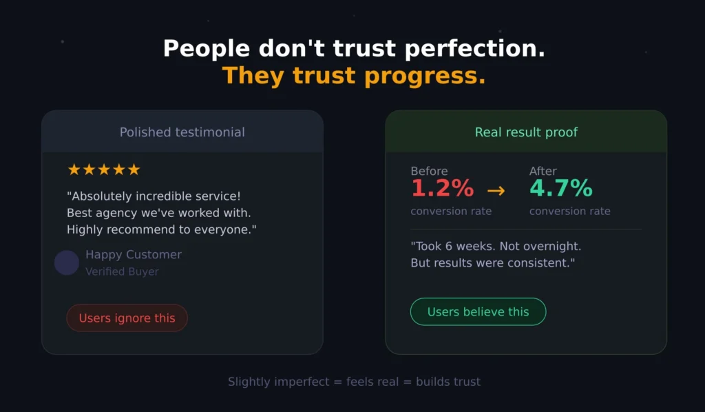 Users trust progress over perfection; real conversion gains beat polished testimonials 
