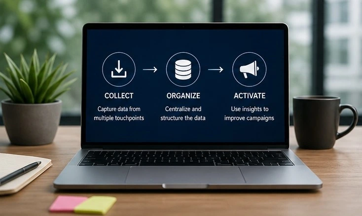 Laptop screen showing “Collect, Organize, Activate” data workflow on a desk  