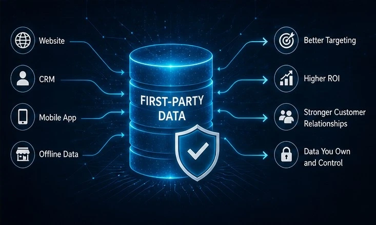 Diagram of first-party data sources and benefits like targeting, ROI, and control 