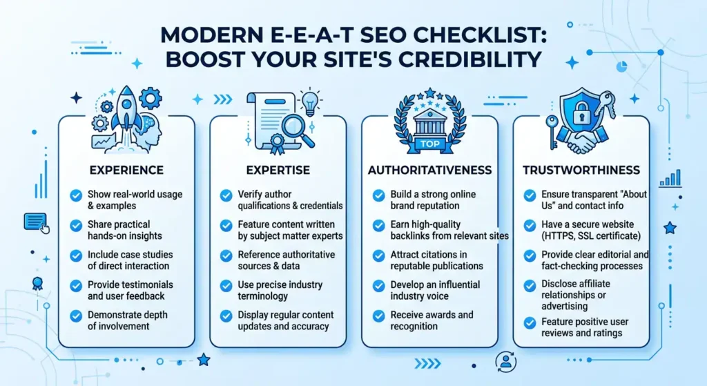 Modern E-E-A-T SEO framework with experience, expertise, authoritativeness, and trustworthiness explained