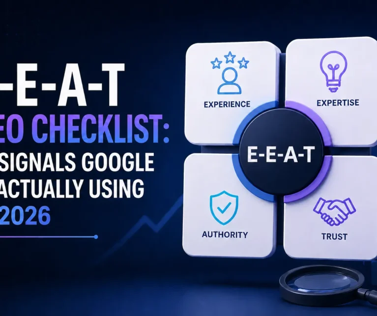 E-E-A-T SEO checklist showing experience, expertise, authority, and trust signals for ranking in Google 2026