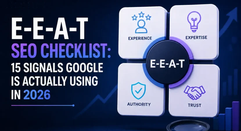 E-E-A-T SEO checklist showing experience, expertise, authority, and trust signals for ranking in Google 2026