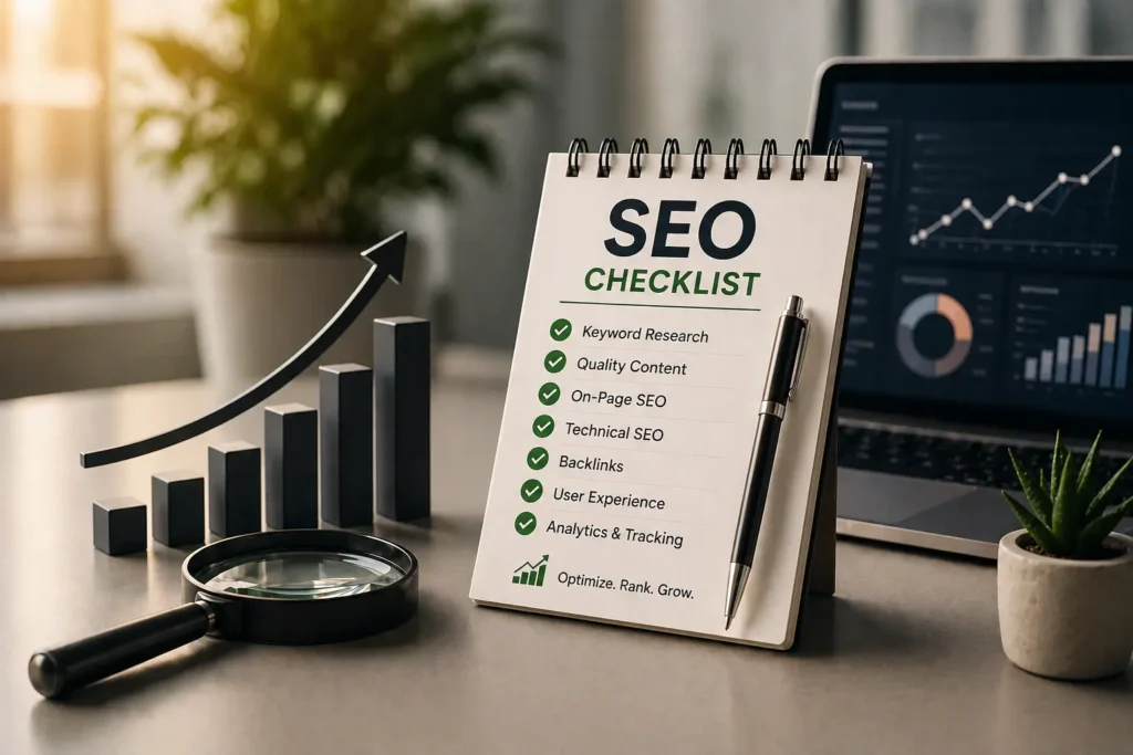 SEO checklist with keyword research, content quality, and technical SEO for higher search rankings.