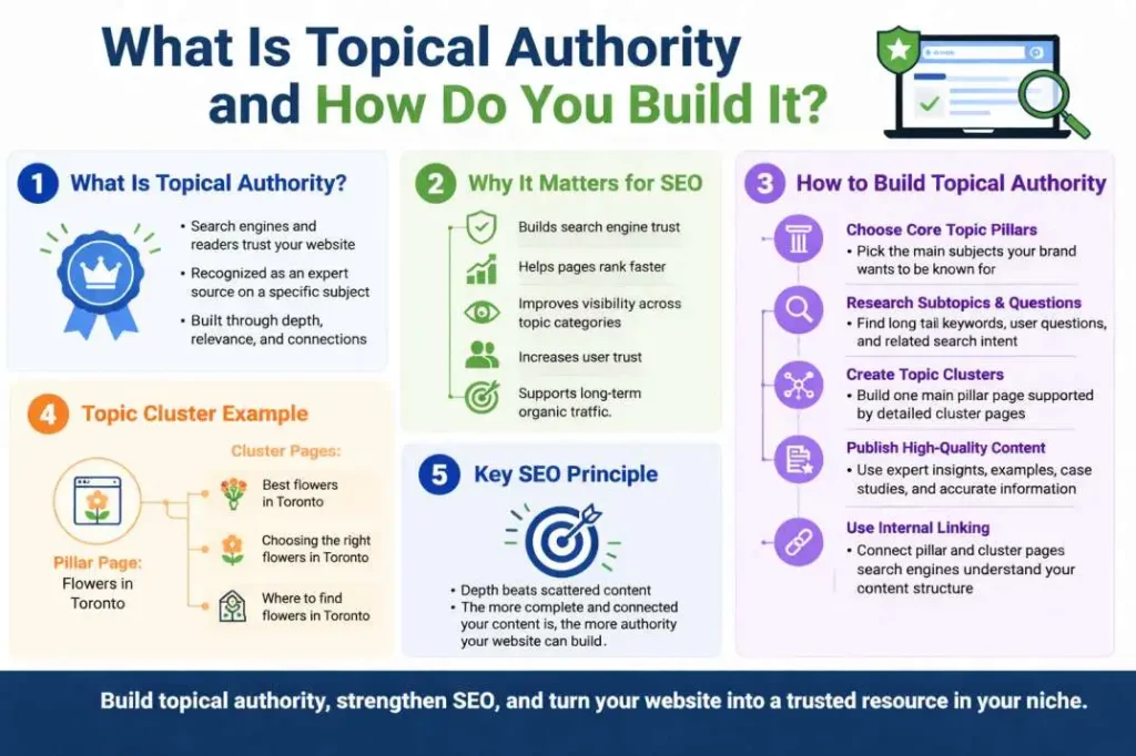 Infographic explaining what topical authority is and how to build it
