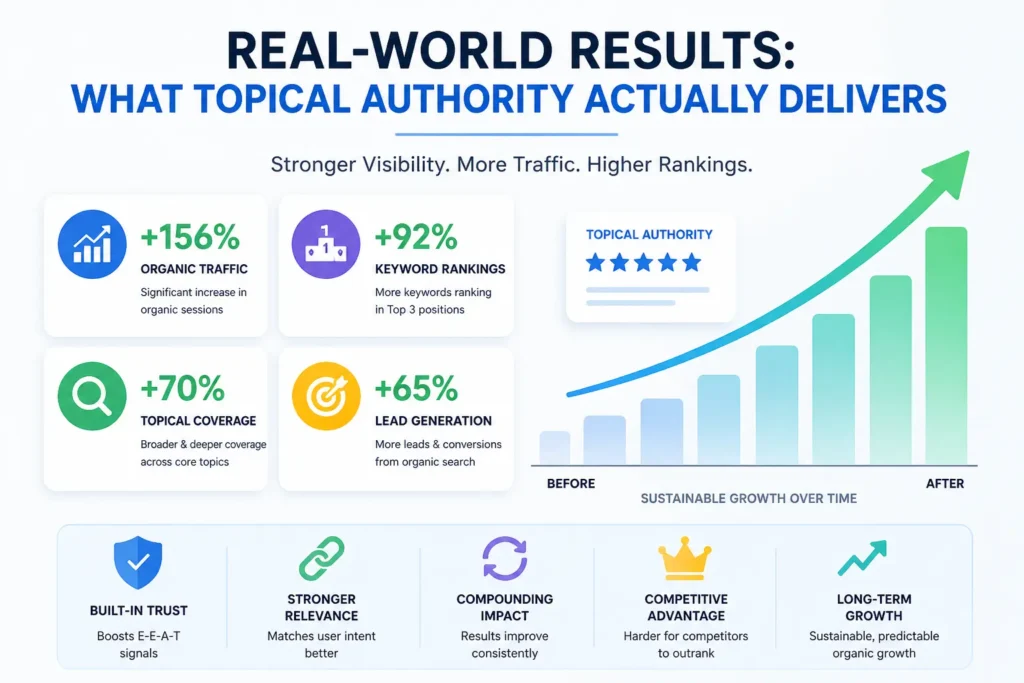 Infographic showing topical authority SEO results with organic traffic and ranking growth