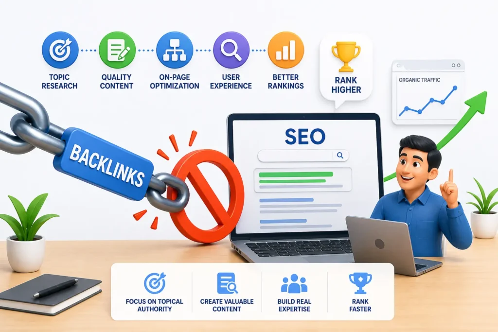 Illustration showing how to rank higher on Google without backlinks using topical authority