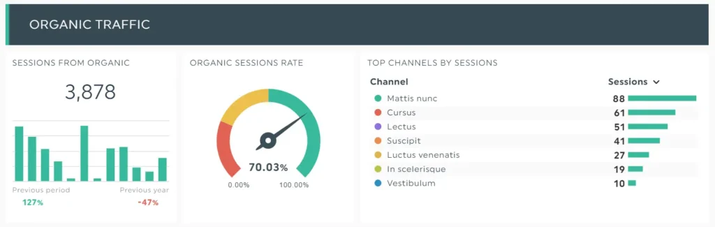 Organic traffic dashboard showing SEO performance and session data