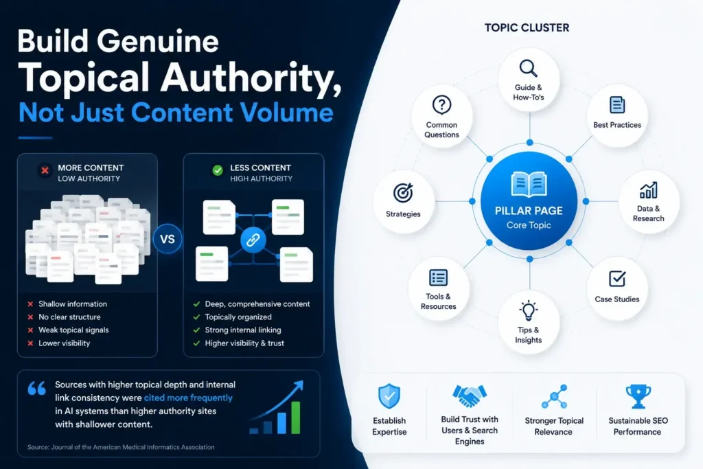 Build genuine topical authority with pillar pages, topic clusters, and strategic internal linking for better SEO visibility
