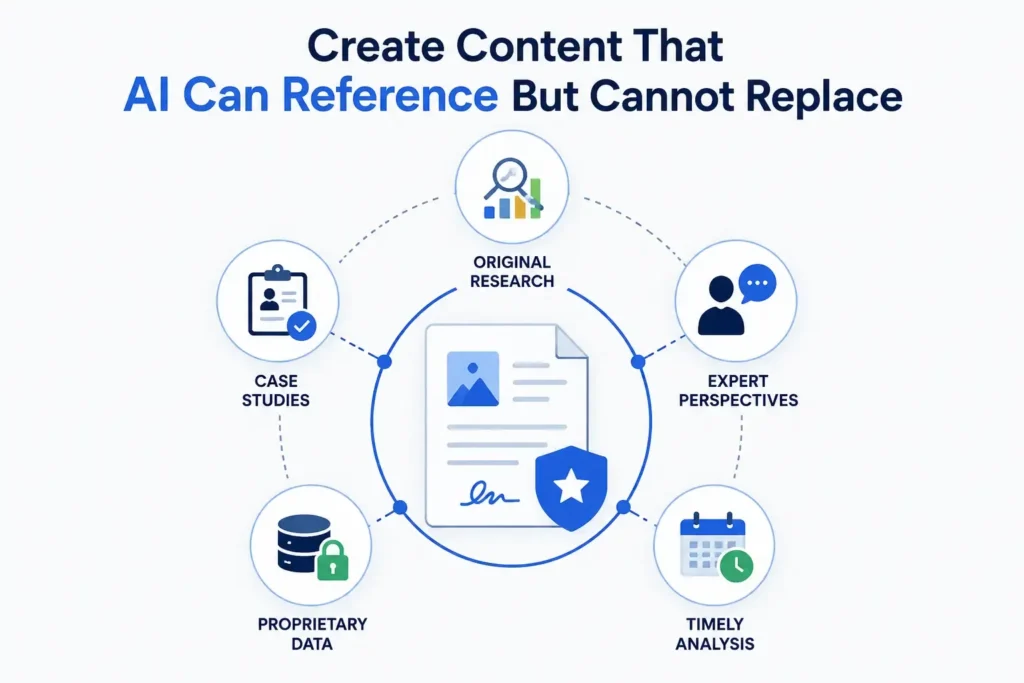 Create original content with research, expert insights, case studies, and proprietary data that AI cannot replace