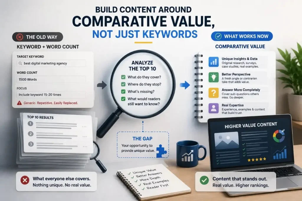 Infographic comparing keyword SEO vs comparative value content strategy