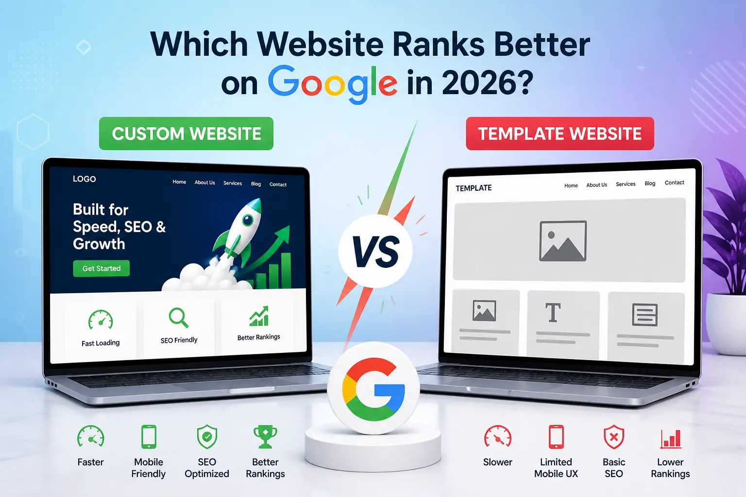 Custom website beats template on Google rankings, speed, and mobile UX