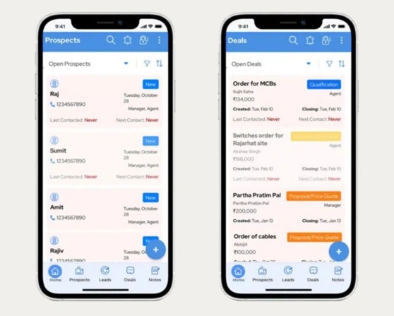 CRM mobile app screens showing prospects and deals dashboard