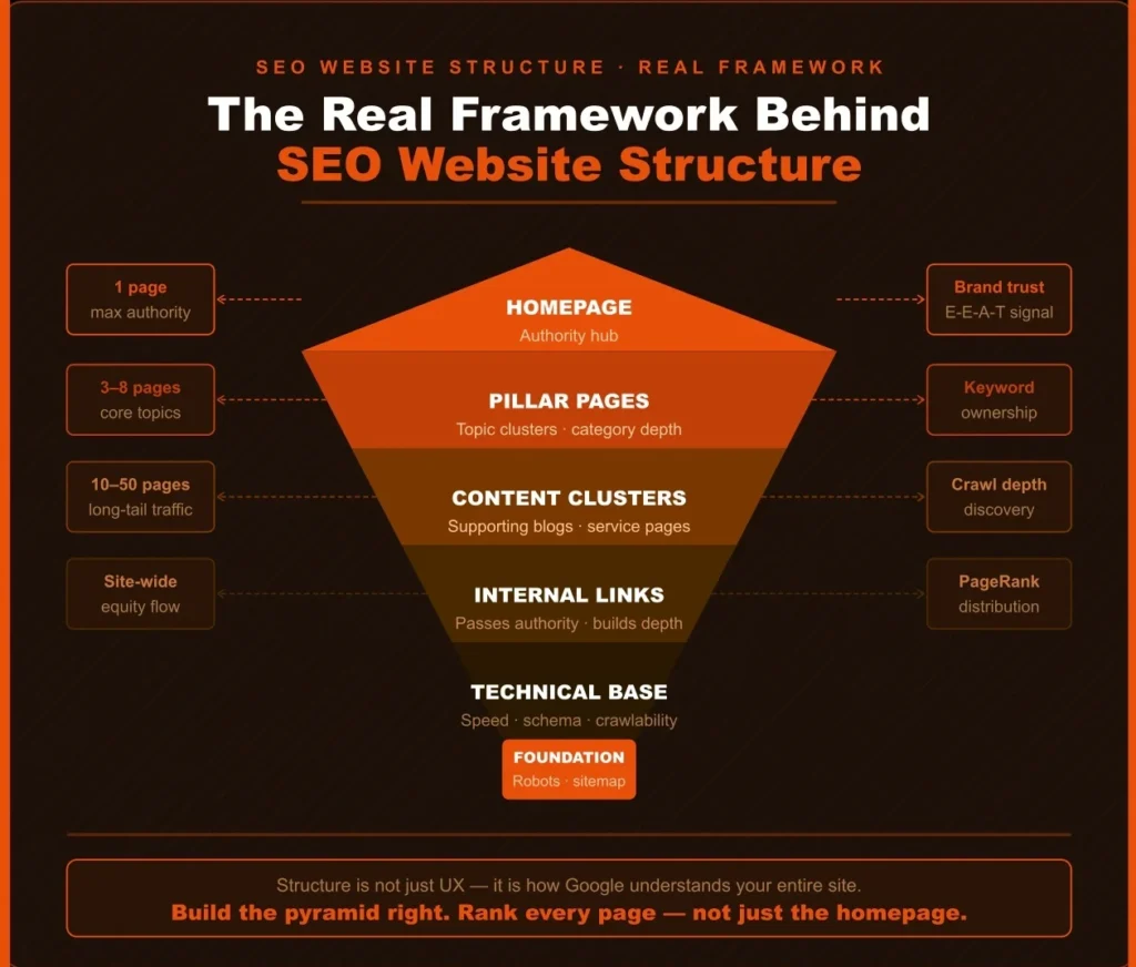 SEO website structure framework covering page purpose, keywords, grouping and navigation
