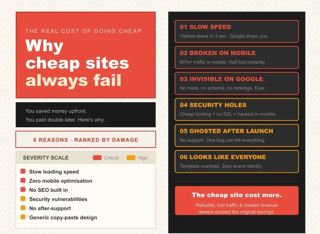 Warning-style infographic on risks of cheap websites ranked by severity level